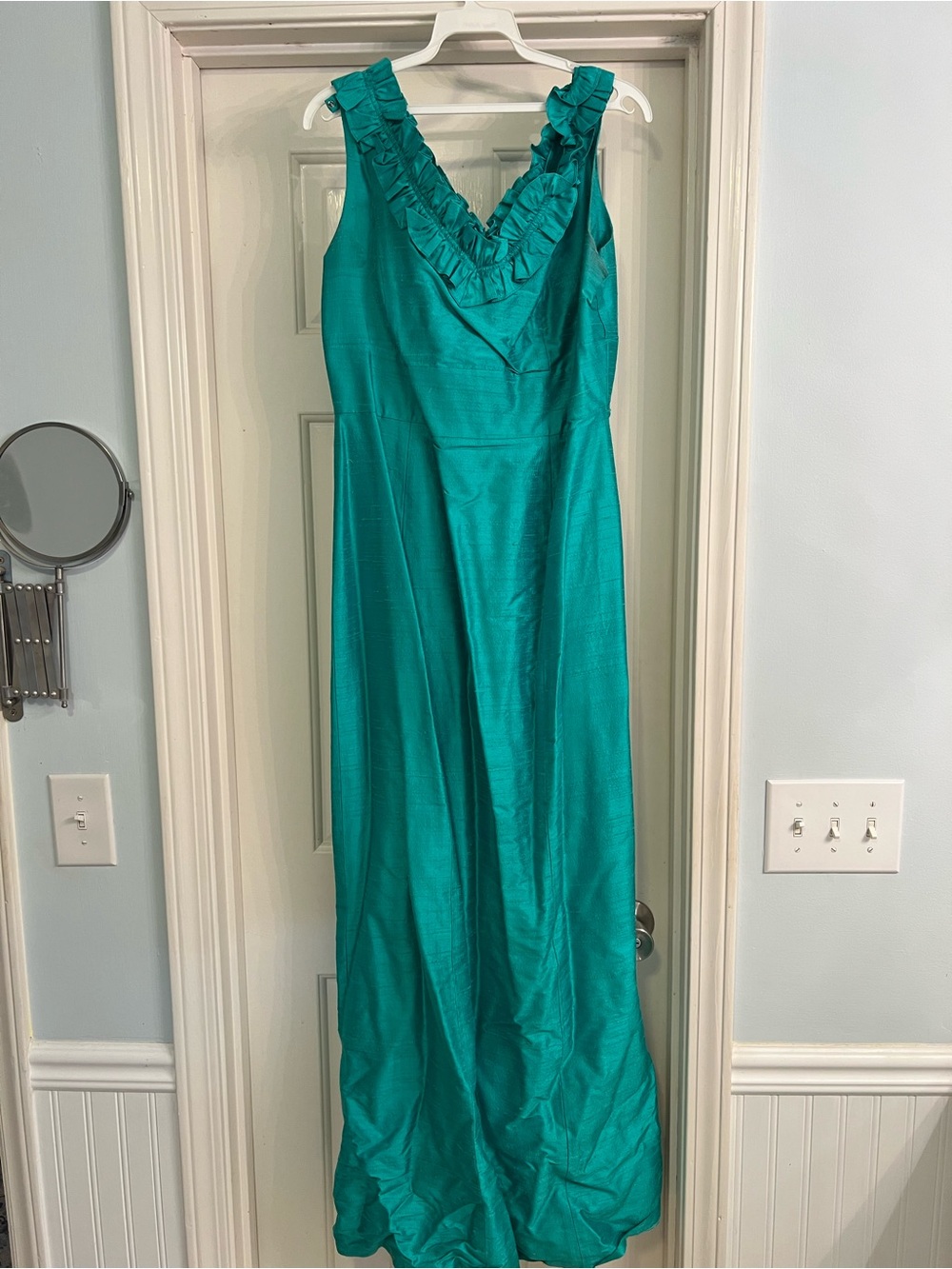 LulaKate Sleeveless Teal Ruffled V-Neck Bridesmaid Dress